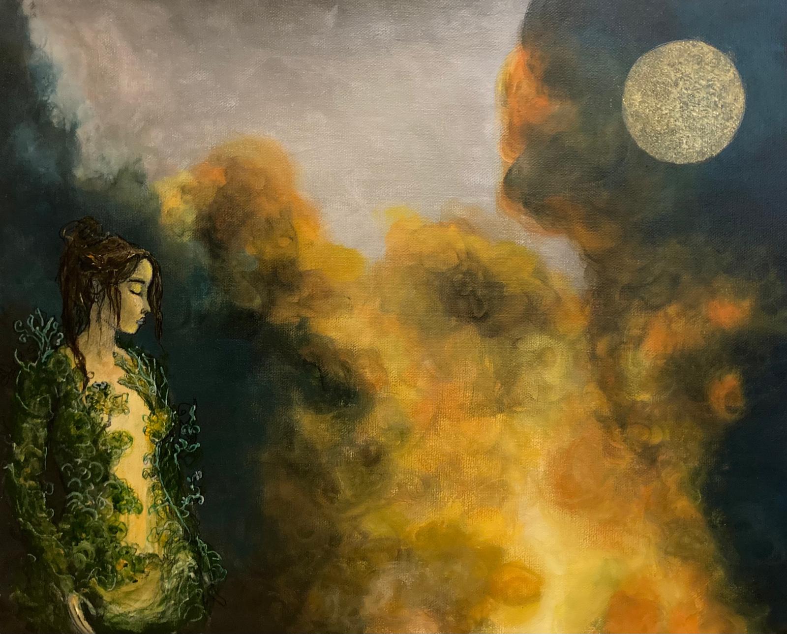 Tableau — femme contemplative et lune dorée